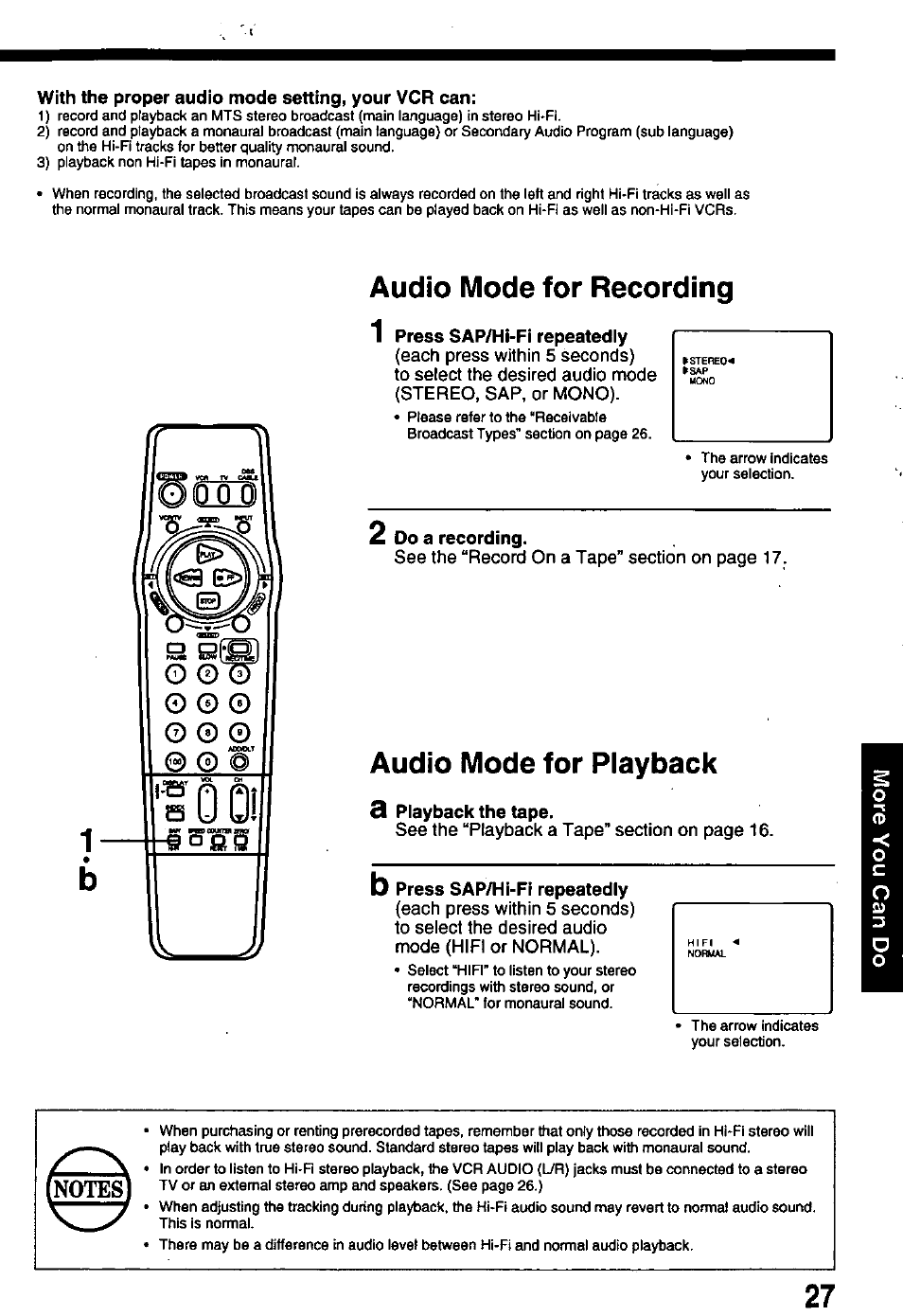 With the proper audio mode setting, your vcr can, Audio mode for recording, 1 press sap/hi-fi repeatedly | 2 do a recording, Audio mode for playback, A playback the tape, Press sap/hi-fi repeatedly | Panasonic OMNIVISION PV-8450 User Manual | Page 27 / 36