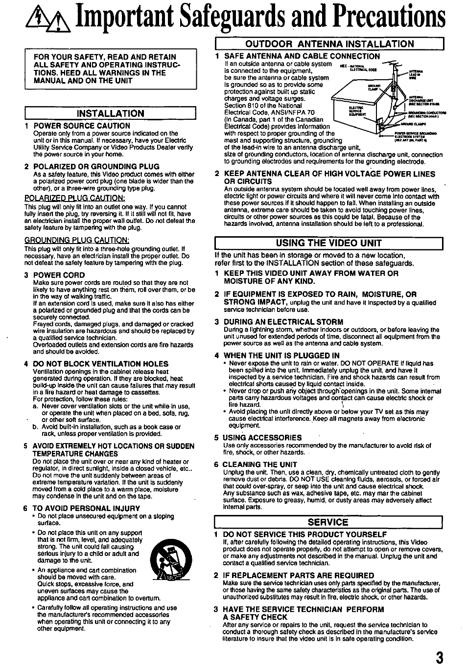 Important safeguards and precautions, Installation, Outdoor antenna installation | Using the video unit, Service | Panasonic OMNIVISION PV-8450 User Manual | Page 3 / 36