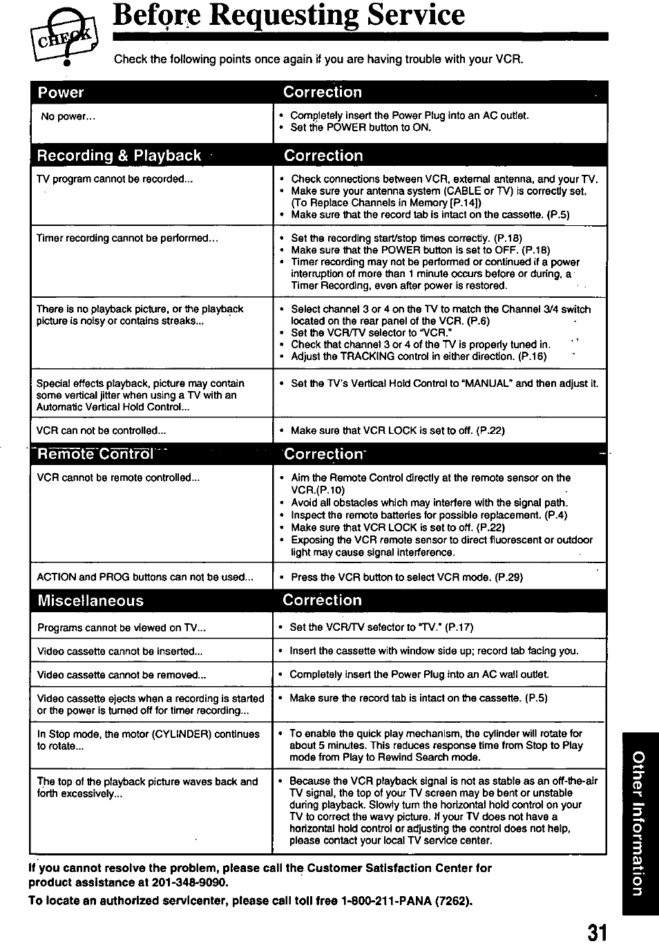Before requesting service, Power correction, Recording | Playback correction, Remote control, Correctiorr, Miscellaneous correction | Panasonic OMNIVISION PV-8450 User Manual | Page 31 / 36