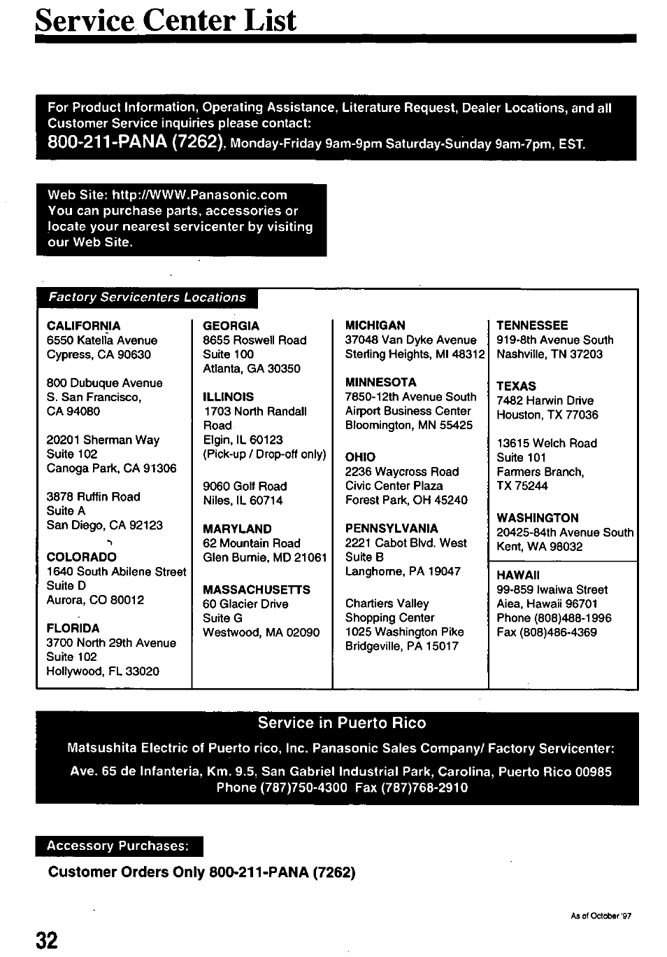 Service center list, Service in puerto rico, Customer orders only 800-211-pana (7262) | Panasonic OMNIVISION PV-8450 User Manual | Page 32 / 36