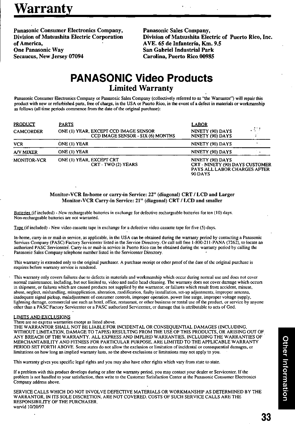 Warranty, Panasonic video products, Limited warranty | Panasonic OMNIVISION PV-8450 User Manual | Page 33 / 36