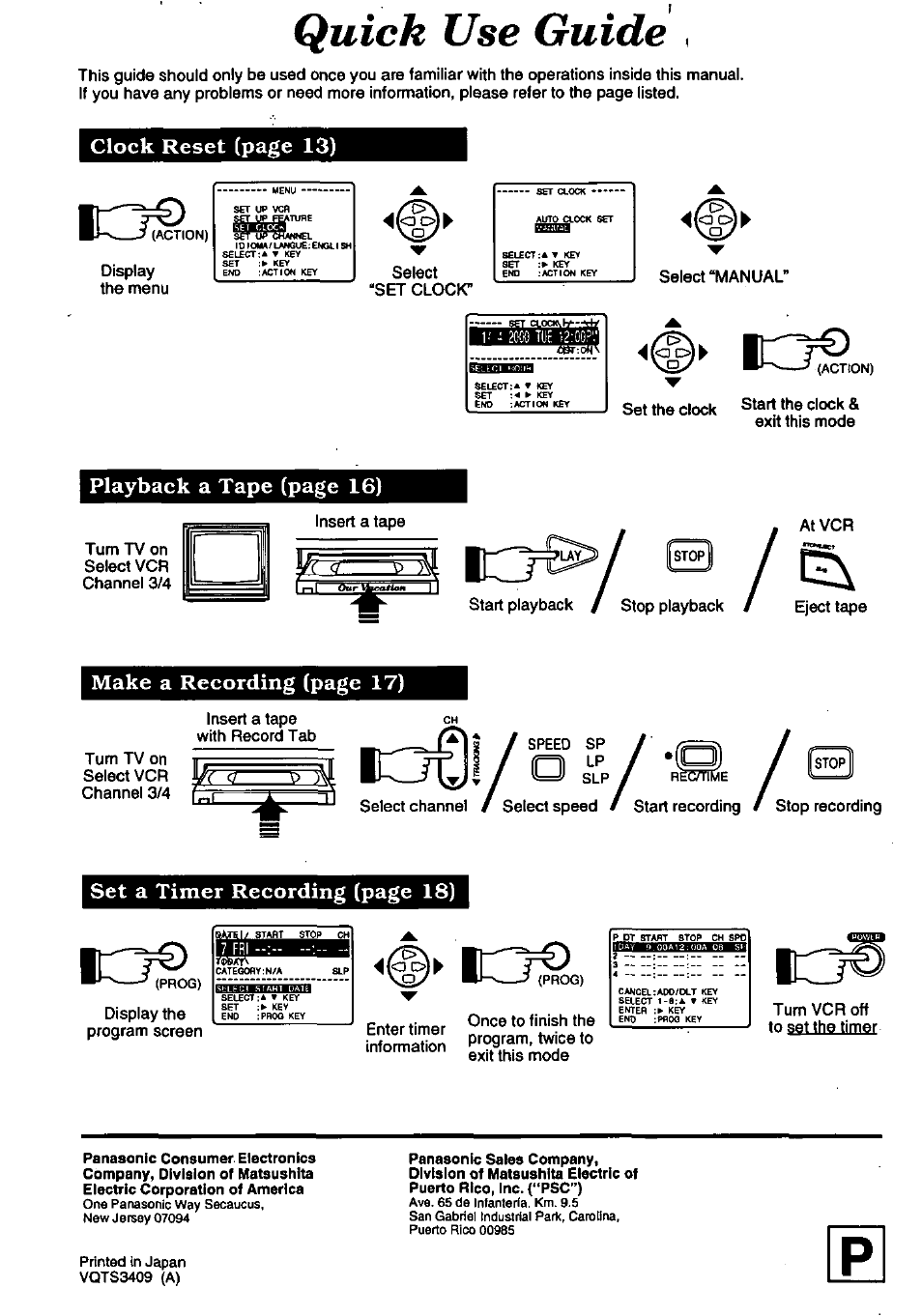 Quick use guide, Clock reset (page 13), Playback a tape (page 16) | Make a recording (page 17), Set a timer recording (page 18) | Panasonic OMNIVISION PV-8450 User Manual | Page 36 / 36