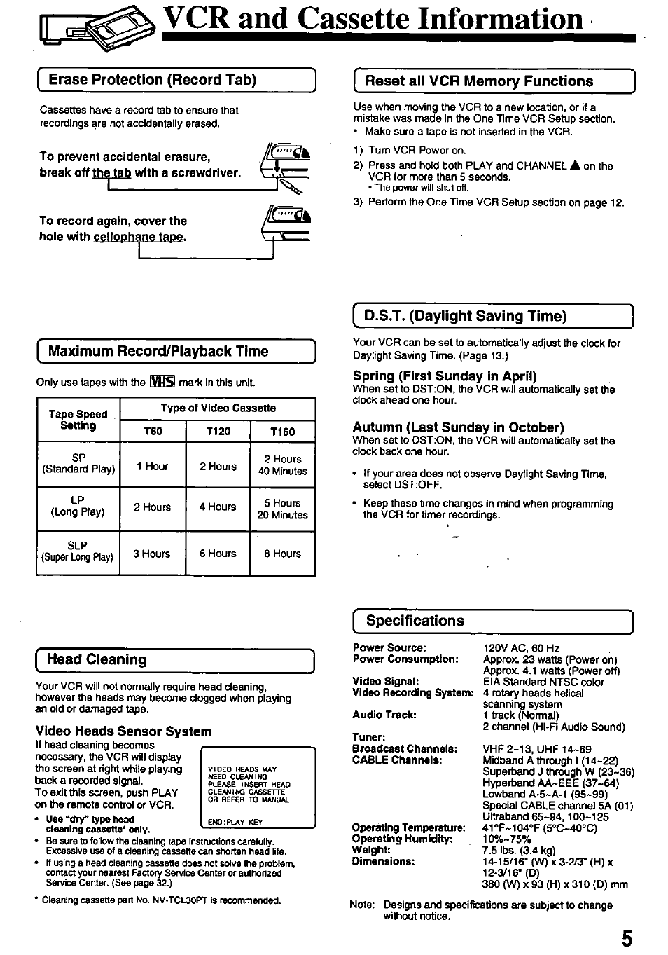 Vcr and cassette information, Erase protection (record tab), Reset all vcr memory functions | D.s.t. (daylight saving time), Specifications, Auto daylight saving time, Maximum record/playback time, Specifications head cleaning | Panasonic OMNIVISION PV-8450 User Manual | Page 5 / 36