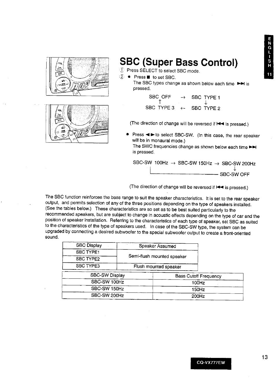Sbc (super bass control) | Panasonic CQ-VX777EW User Manual | Page 13 / 52