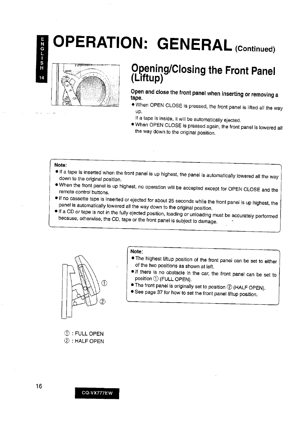 Operation: general, Opening/closing the front panel (liftup), Continued) | Panasonic CQ-VX777EW User Manual | Page 16 / 52
