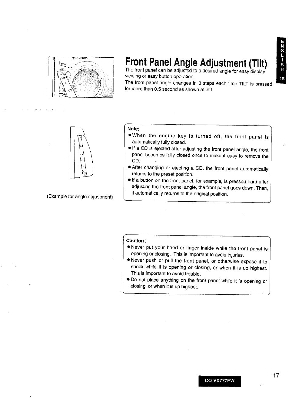 Front panel angle adjustment (tilt) | Panasonic CQ-VX777EW User Manual | Page 17 / 52