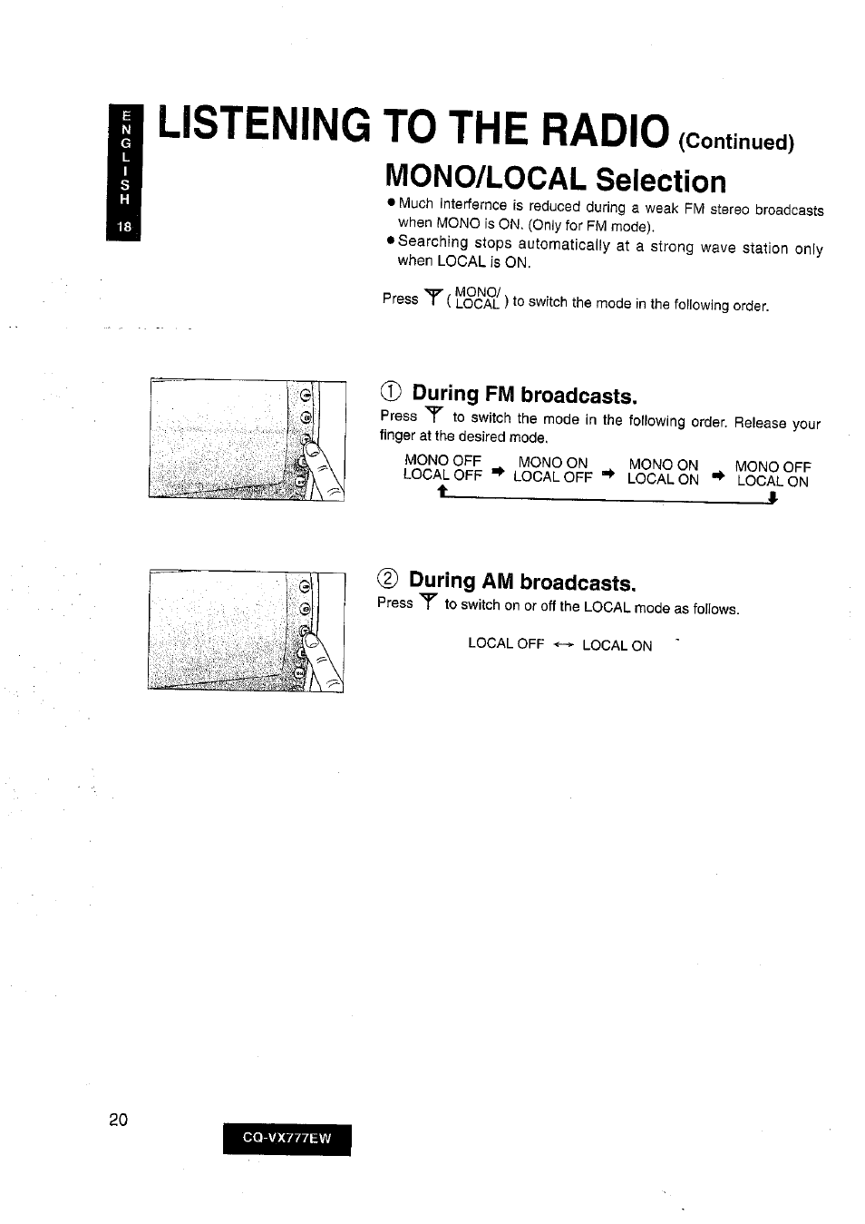 Listening to the radio (continued), Listening to the radio, Mono/local selection | Panasonic CQ-VX777EW User Manual | Page 20 / 52