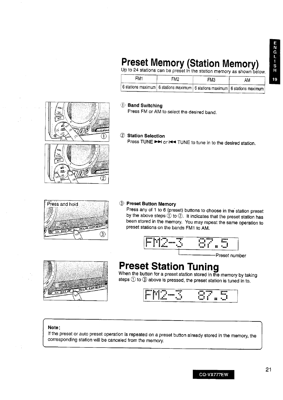 V band switching, D station selection, D preset button memory | Note, Preset station tuning | Panasonic CQ-VX777EW User Manual | Page 21 / 52