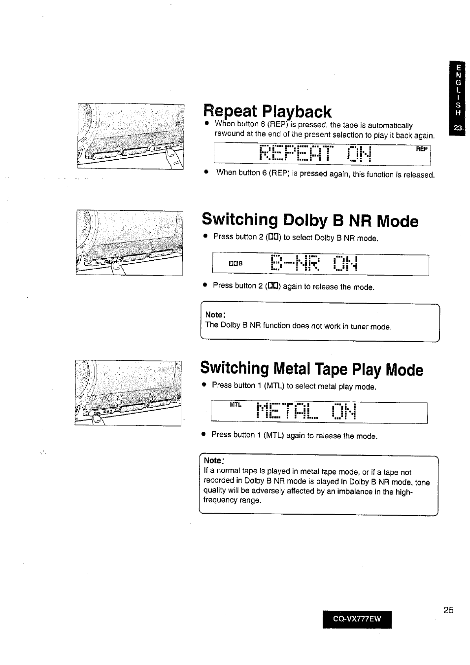 Note, Repeat playback, Switching dolby b nr mode | Switching metal tape play mode | Panasonic CQ-VX777EW User Manual | Page 25 / 52