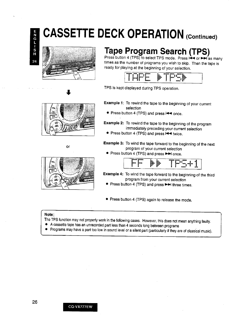Cassehe deck operation, Note, Tape program search (tps) | Continued) | Panasonic CQ-VX777EW User Manual | Page 26 / 52