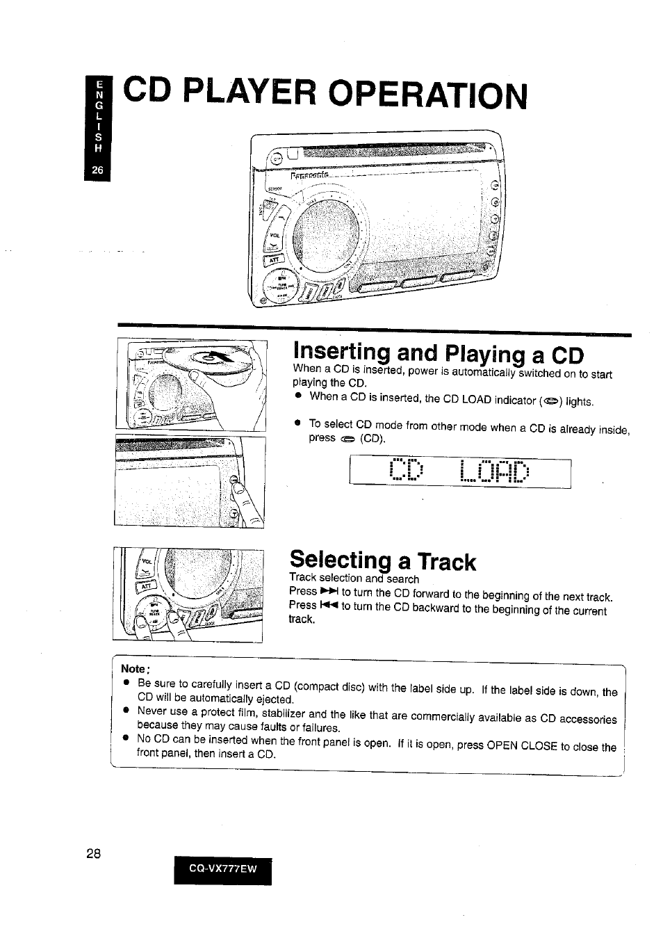 Note, Cd player operation, Inserting and playing a co | Selecting a track | Panasonic CQ-VX777EW User Manual | Page 28 / 52