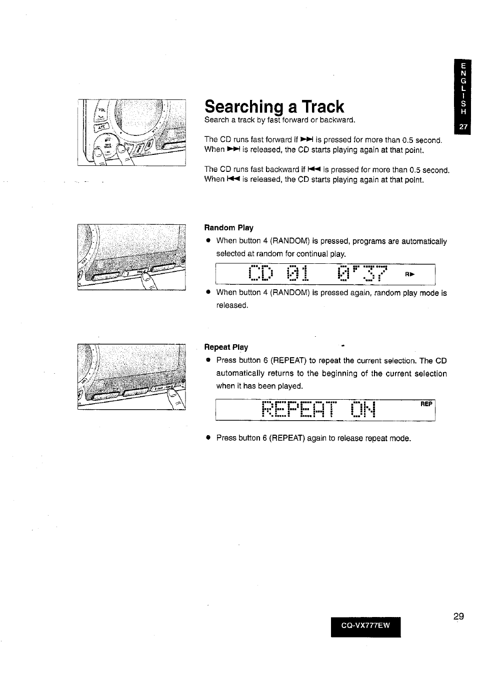 Random play, Repeat play, Searching a track | Panasonic CQ-VX777EW User Manual | Page 29 / 52