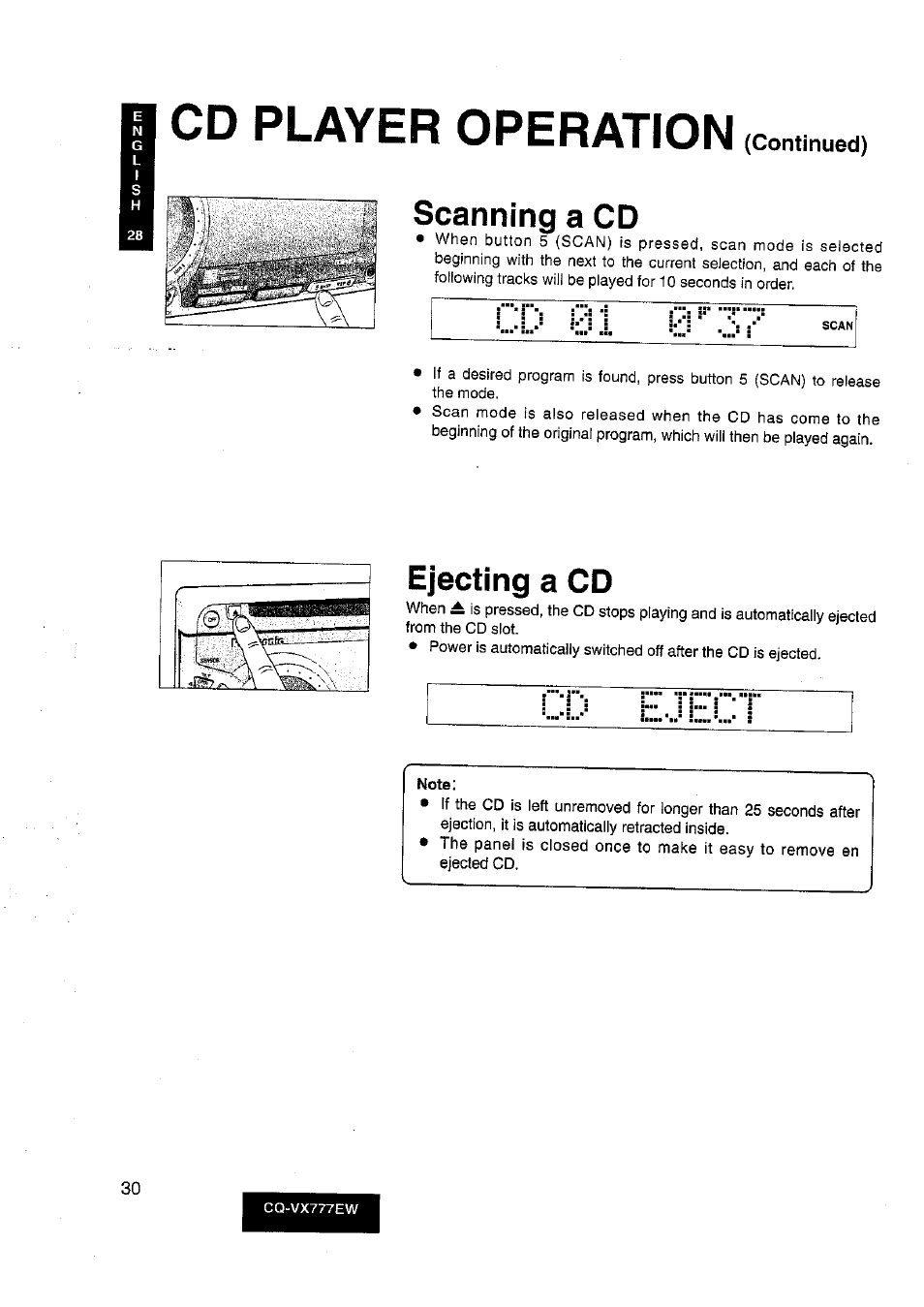 Note, Cd player operation, Scanning a cd | Ejecting a cd, Continued) | Panasonic CQ-VX777EW User Manual | Page 30 / 52