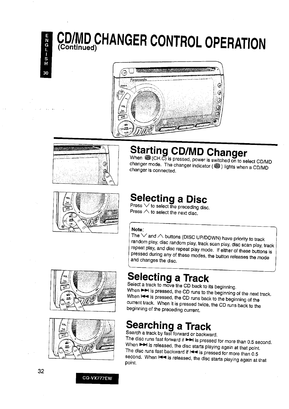 Cd/md changer control operation, Note, Starting cd/md changer | Selecting a disc, Selecting a track, Searching a track | Panasonic CQ-VX777EW User Manual | Page 32 / 52