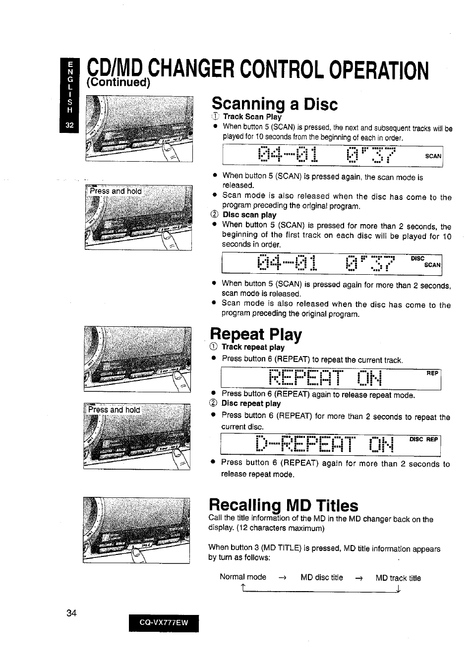 Cd/md changer control operation, Scanning a disc, Repeat play | Recalling md titles, Continued) | Panasonic CQ-VX777EW User Manual | Page 34 / 52