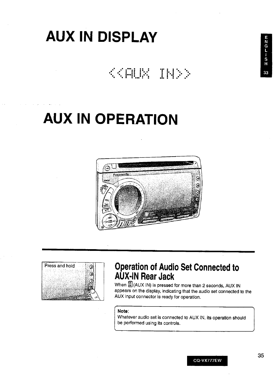 Aux in operation, Auxin operation, Aux in display | Panasonic CQ-VX777EW User Manual | Page 35 / 52