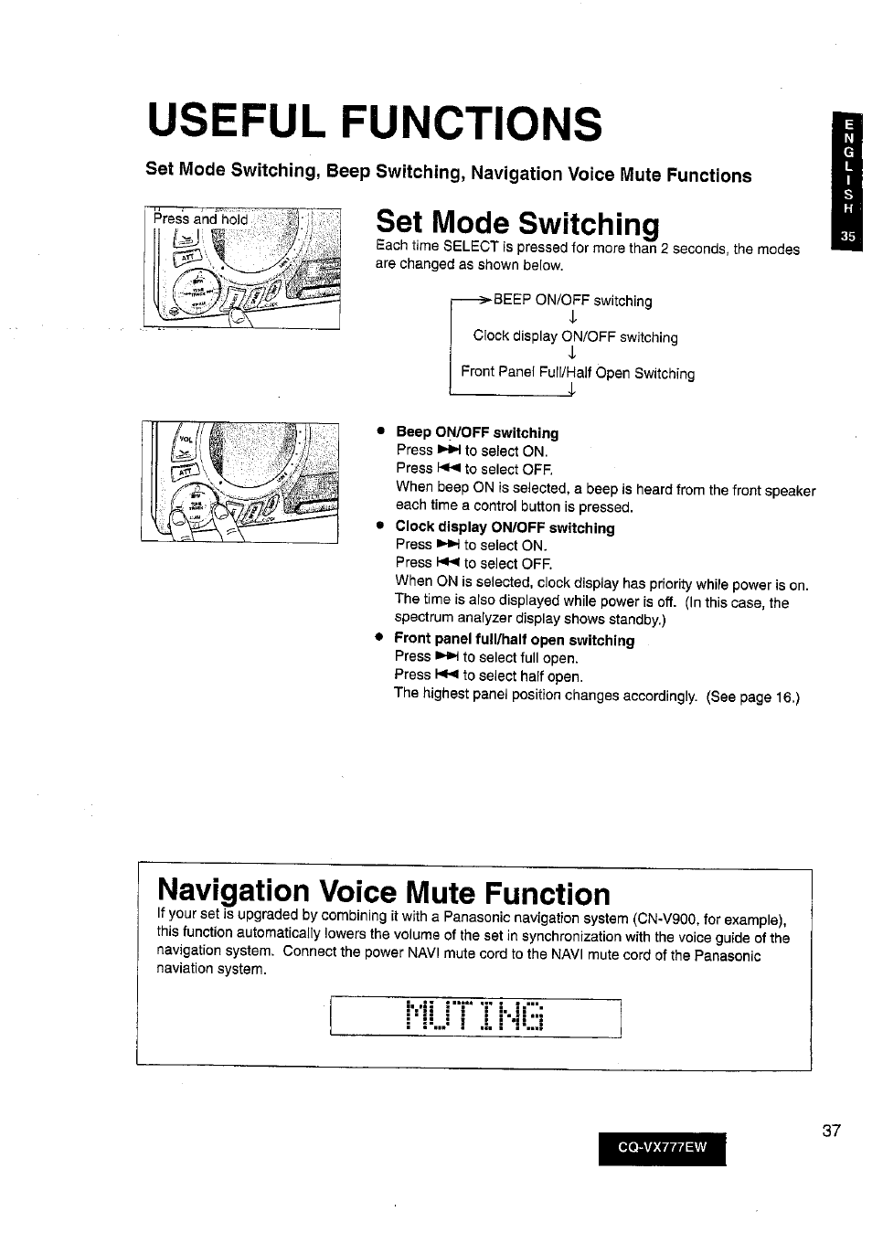 Useful functions, Beep on/off switching, Set mode switching | Navigation voice mute function | Panasonic CQ-VX777EW User Manual | Page 37 / 52