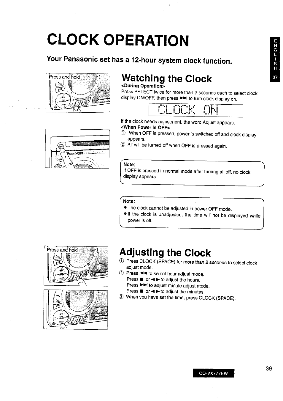 Clock operation, Note, Watching the clock | Adjusting the clock | Panasonic CQ-VX777EW User Manual | Page 39 / 52