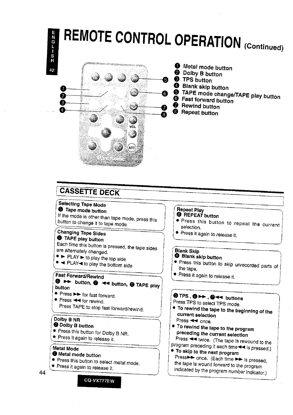Remote control operation, Continued), Cassette deck | Metal mode button, Dolby b button 0 tps button, Blank skip button | Panasonic CQ-VX777EW User Manual | Page 44 / 52