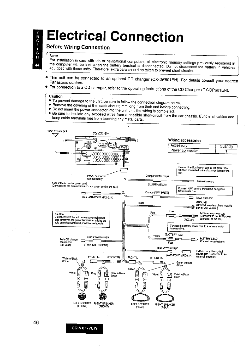 Electrical connection, Note, Caution | Before wiring connection | Panasonic CQ-VX777EW User Manual | Page 46 / 52