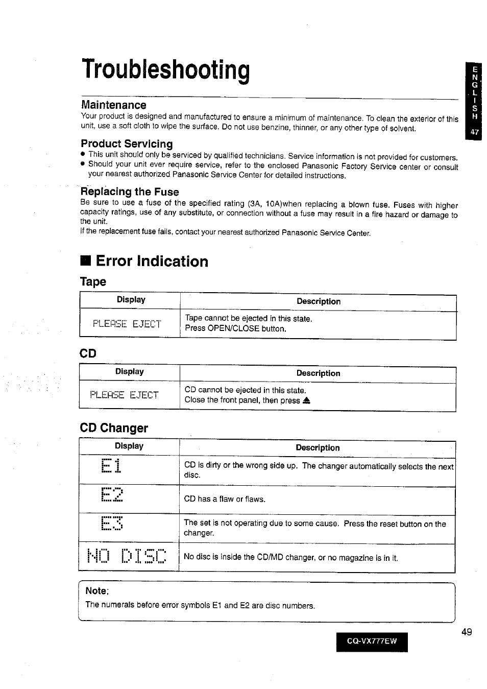 Troubleshooting, Note, Error indication | Maintenance, Product servicing, Replacing the fuse, Tape, Plerse eject, Cd changer | Panasonic CQ-VX777EW User Manual | Page 49 / 52