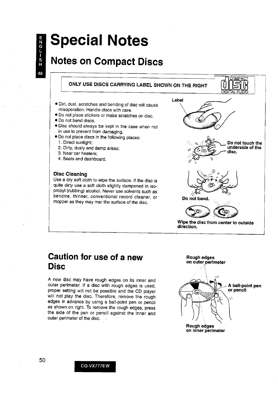 B special notes, Only use discs carrying label shown on the right, Disc cleaning | Special notes, Caution for use of a new disc | Panasonic CQ-VX777EW User Manual | Page 50 / 52