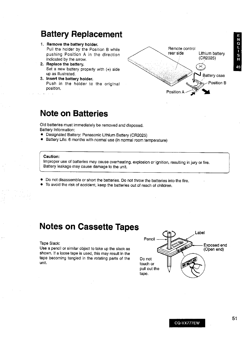 Remove the battery holder, Replace the battery, Insert the battery holder | Caution, Battety replacement | Panasonic CQ-VX777EW User Manual | Page 51 / 52