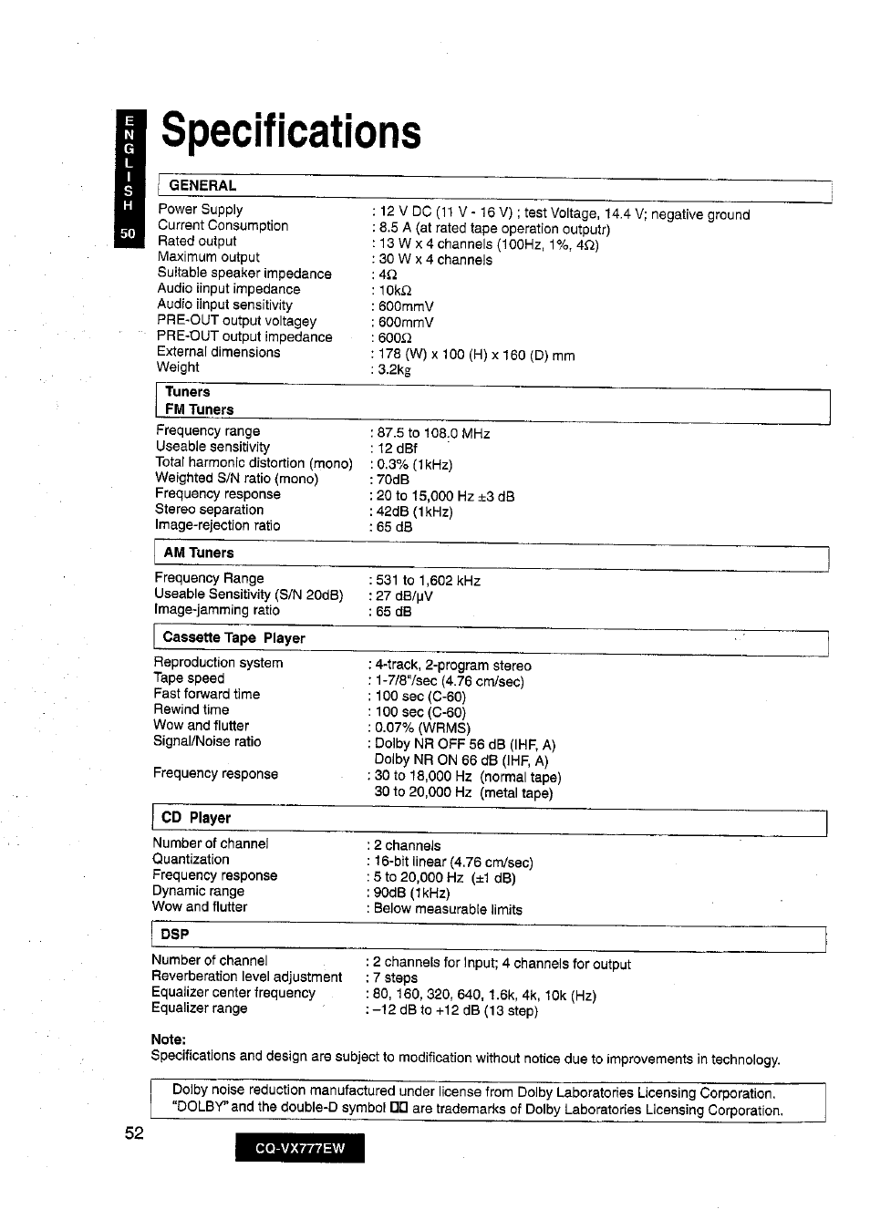 Specifications | Panasonic CQ-VX777EW User Manual | Page 52 / 52