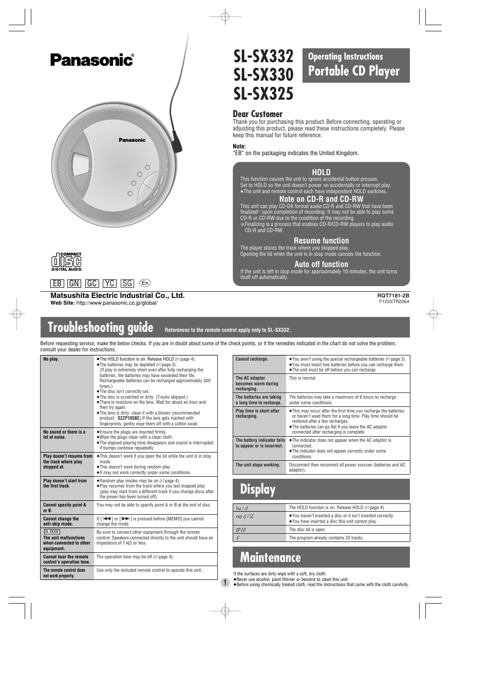 Panasonic SL-SX332 User Manual | 4 pages