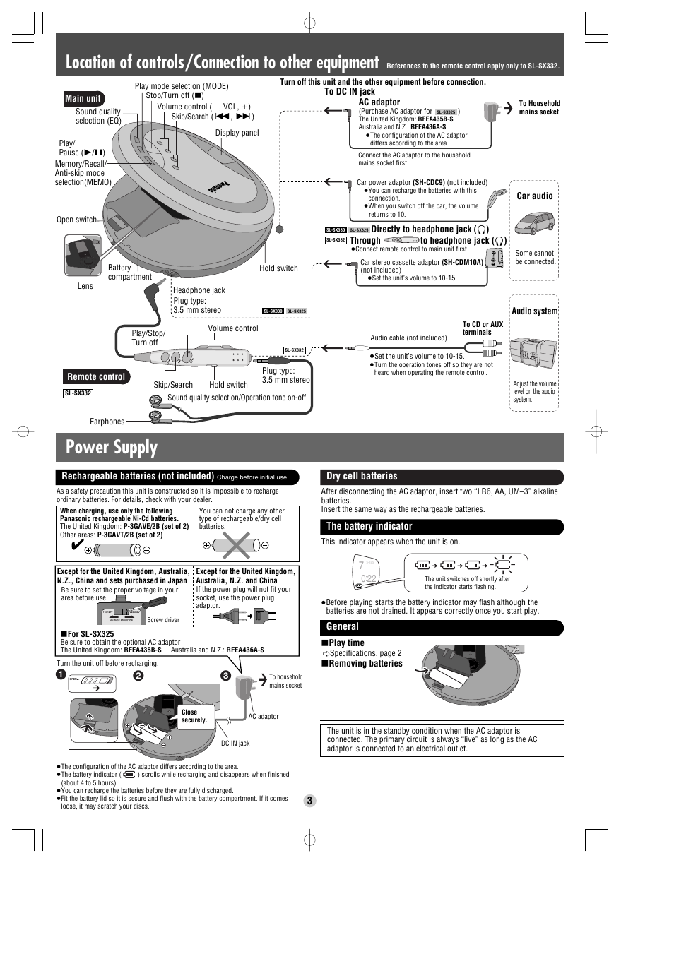 Rechargeable batteries (not included), Dry cell batteries, The battery indicator | General | Panasonic SL-SX332 User Manual | Page 3 / 4