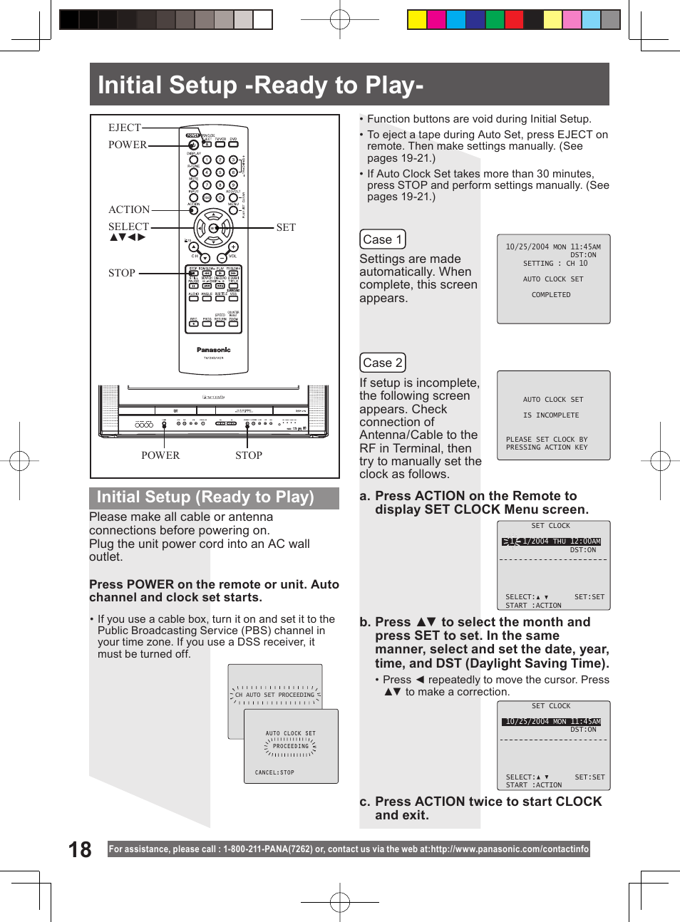 Tv and vcr operation, Initial setup -ready to play, Initial setup (ready to play) | Panasonic PV-DF204 User Manual | Page 18 / 84