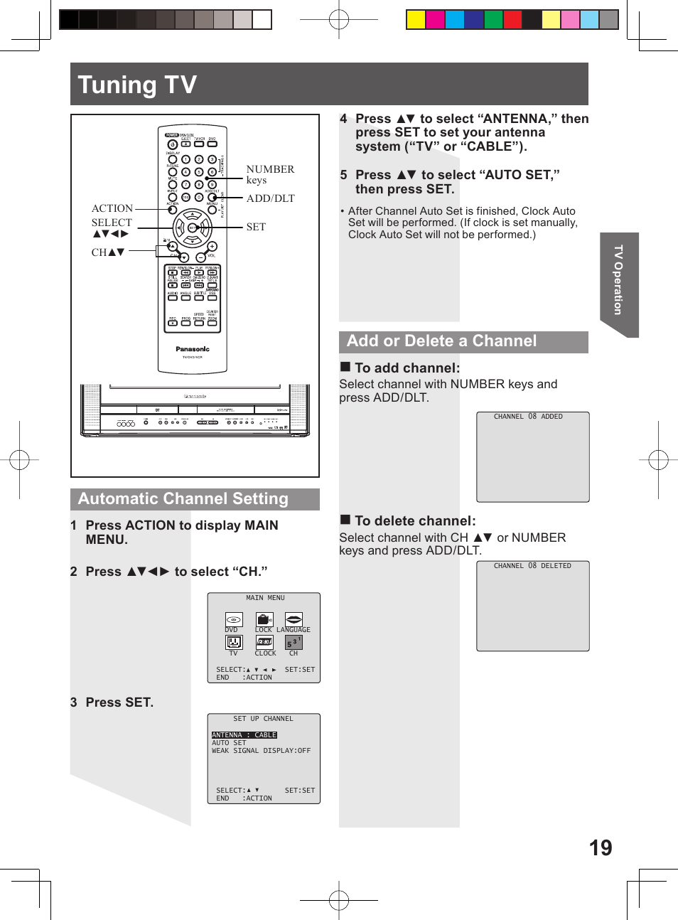 Tuning tv, Automatic channel setting, Add or delete a chan nel | Panasonic PV-DF204 User Manual | Page 19 / 84