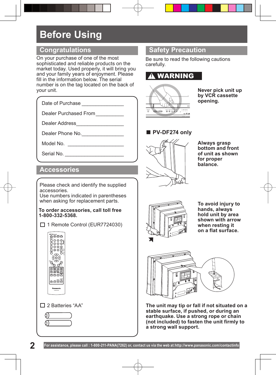 Getting started, Before using, Warning safety precaution | Panasonic PV-DF204 User Manual | Page 2 / 84