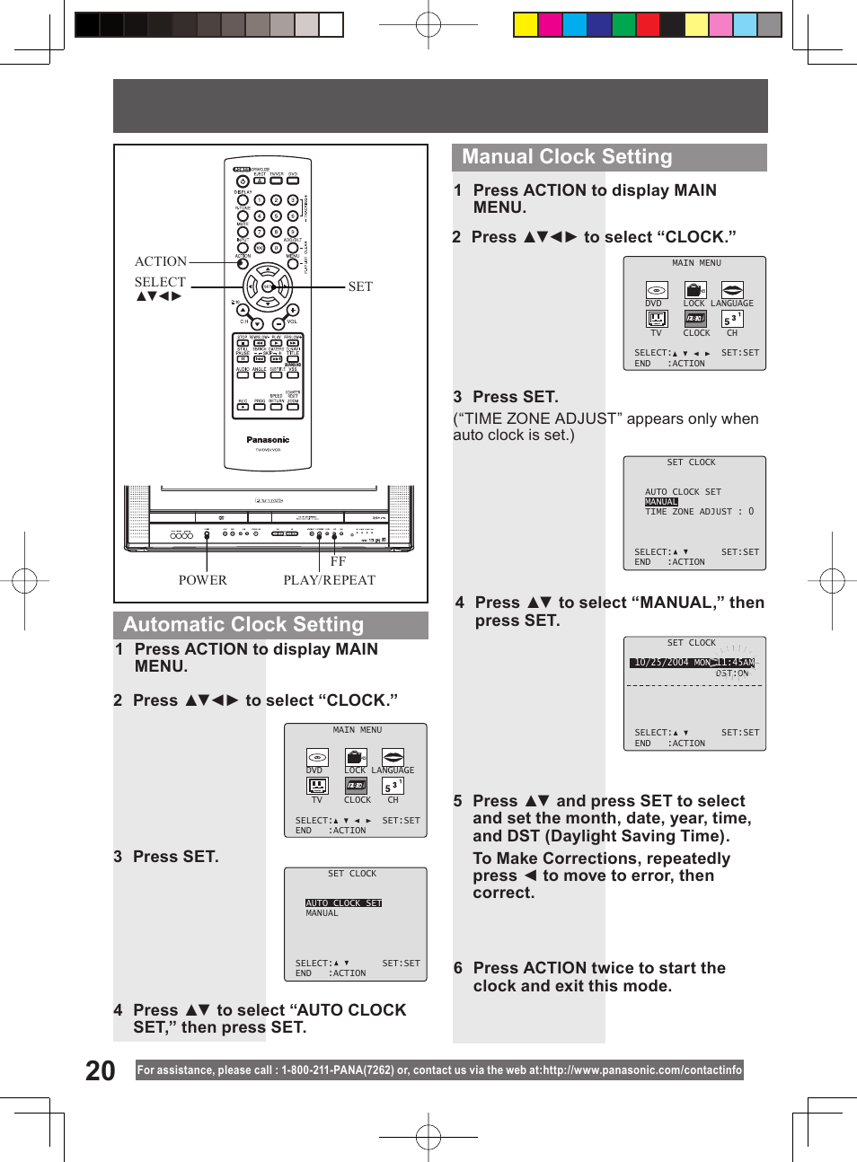 Manual clock setting, Automatic clock setting, 4 press ▲▼ to select “manual,” then press set | Panasonic PV-DF204 User Manual | Page 20 / 84