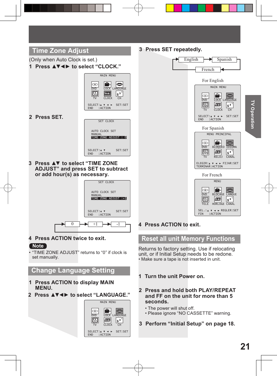 Time zone adjust, 1 press ▲▼◄► to select “clock.” 2 press set, 3 perform “initial setup” on page 18 | Panasonic PV-DF204 User Manual | Page 21 / 84