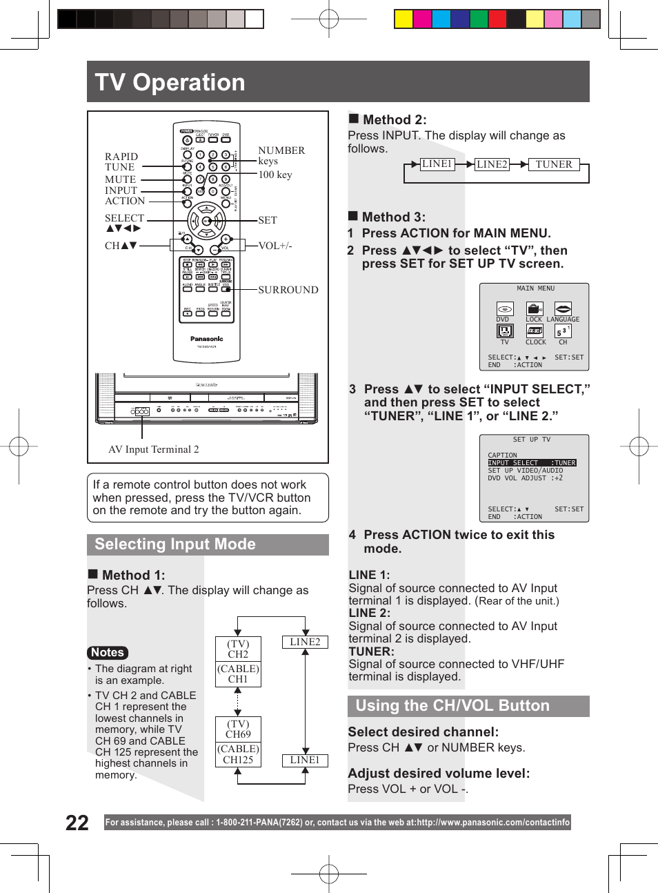 Tv operation, Selecting input mode using the ch/vol button, Method 1: method 3 | Select desired channel, Adjust desired volume level, Method 2 | Panasonic PV-DF204 User Manual | Page 22 / 84