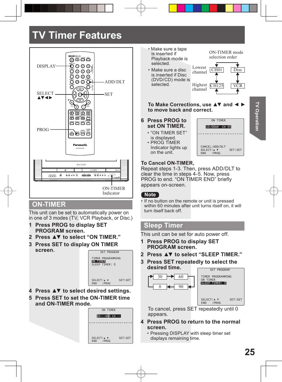 Tv timer features, On-timer sleep timer | Panasonic PV-DF204 User Manual | Page 25 / 84