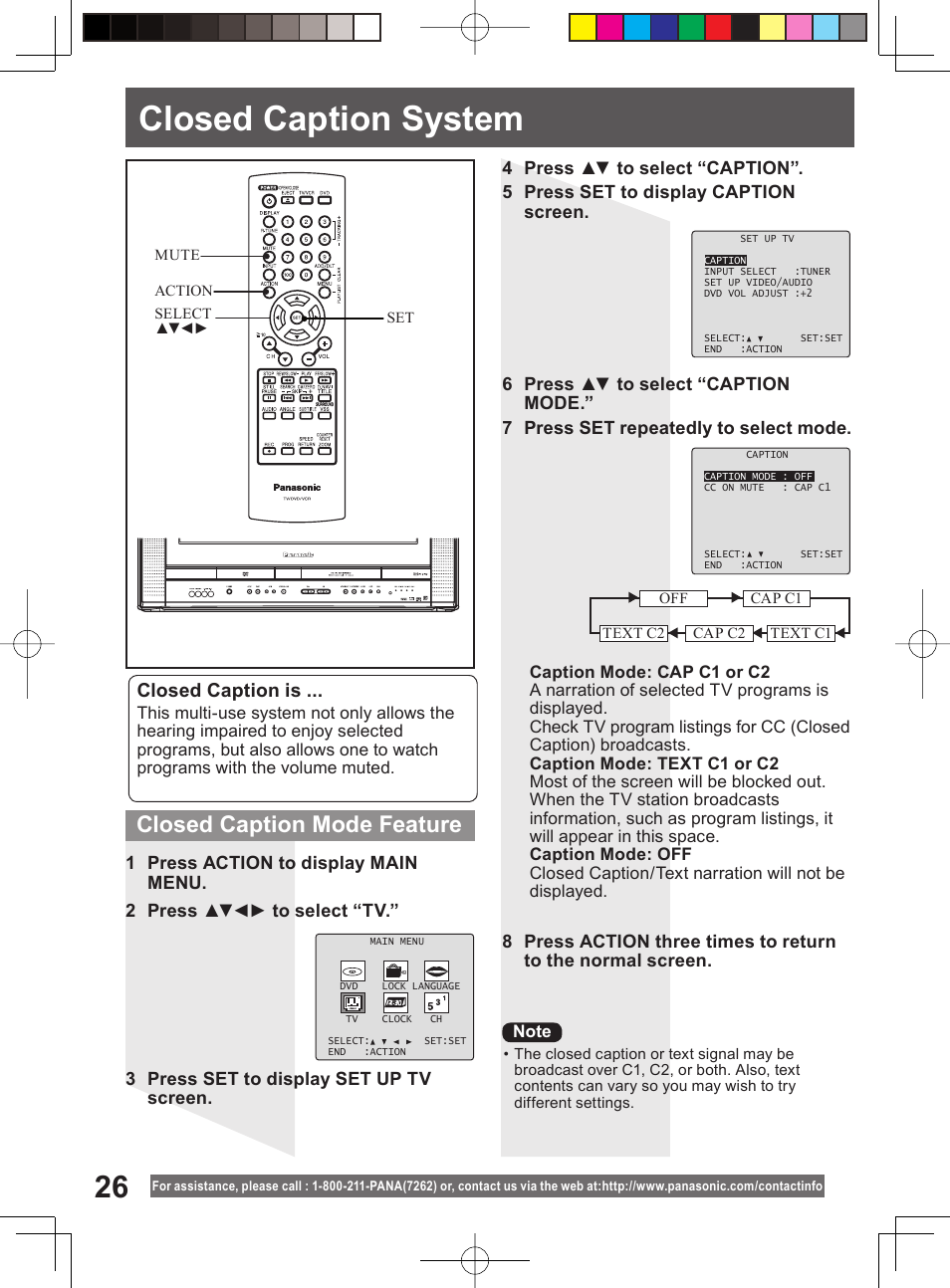 Closed caption system, Closed caption mode feature, Closed caption is | Panasonic PV-DF204 User Manual | Page 26 / 84