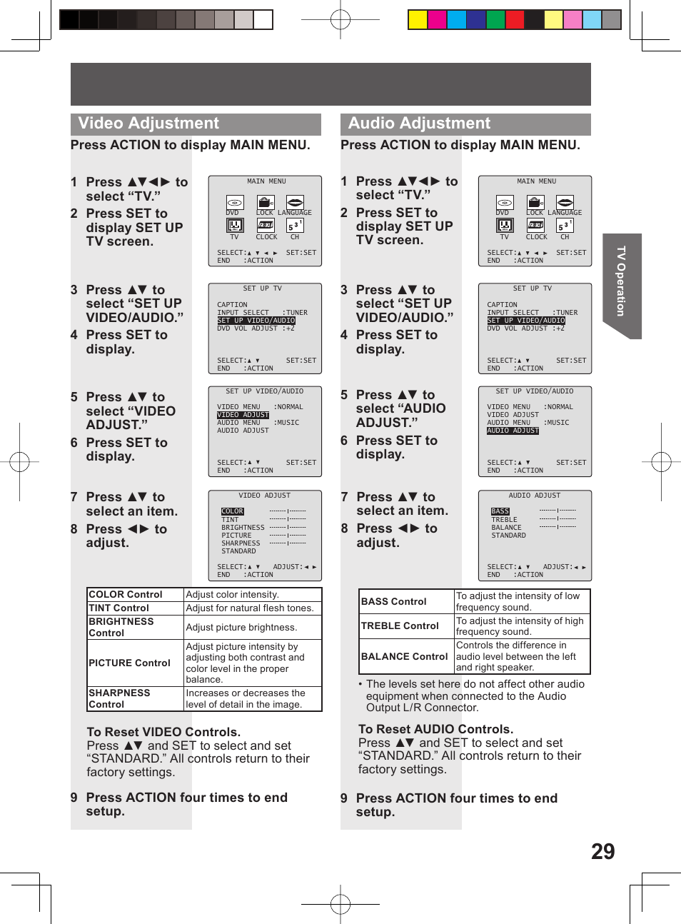 Video adjustment audio adjustment, 9 press action four times to end setup | Panasonic PV-DF204 User Manual | Page 29 / 84