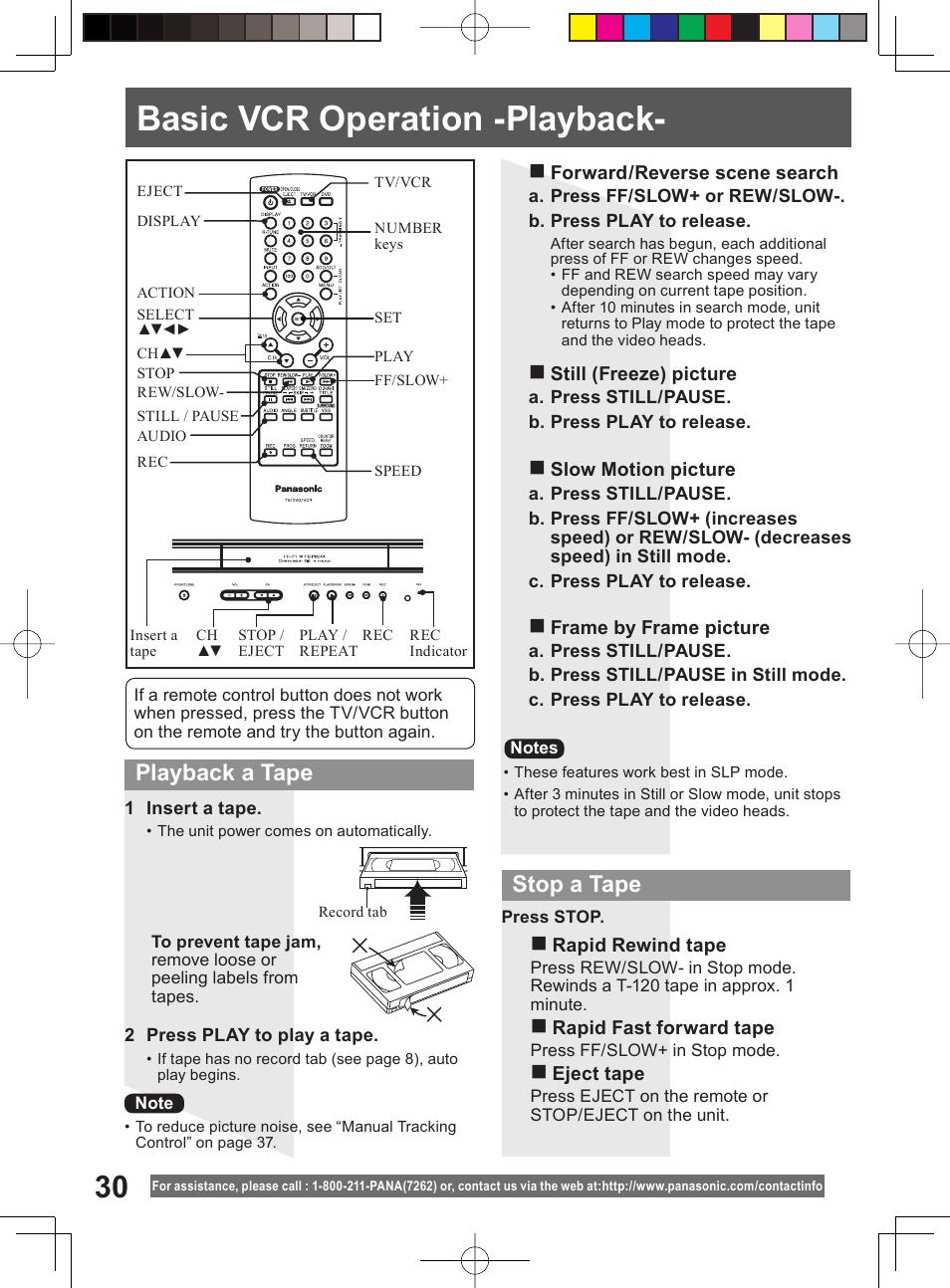 Basic vcr operation -playback, Playback a tape, Stop a tape | Panasonic PV-DF204 User Manual | Page 30 / 84