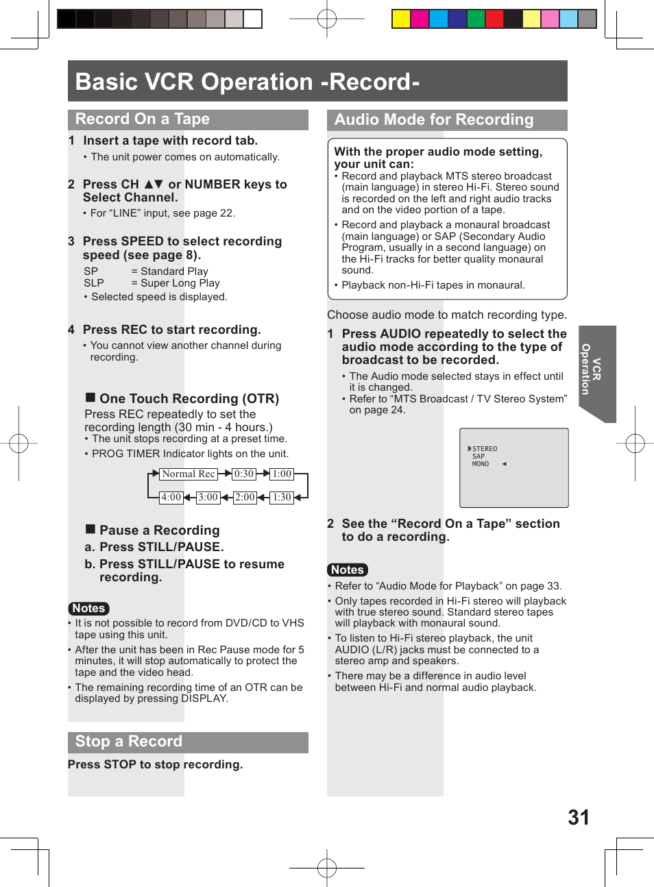 Basic vcr operation -record, Record on a tape audio mode for recording, Stop a record | Panasonic PV-DF204 User Manual | Page 31 / 84