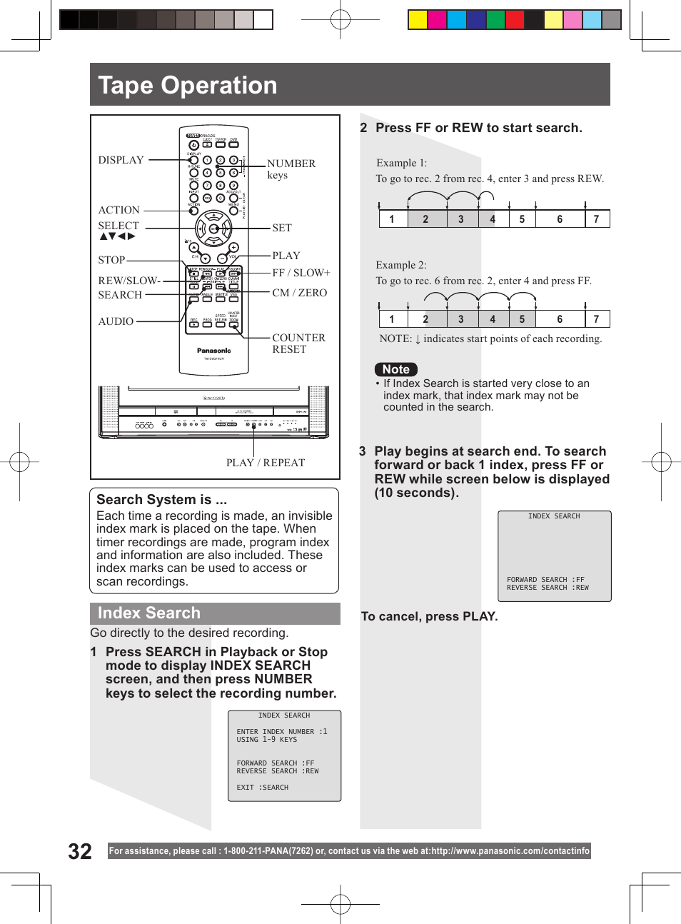 Tape operation, Index search | Panasonic PV-DF204 User Manual | Page 32 / 84