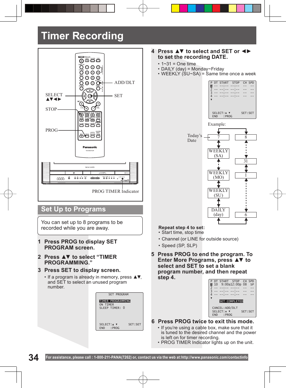 Timer recording, Set up to programs | Panasonic PV-DF204 User Manual | Page 34 / 84