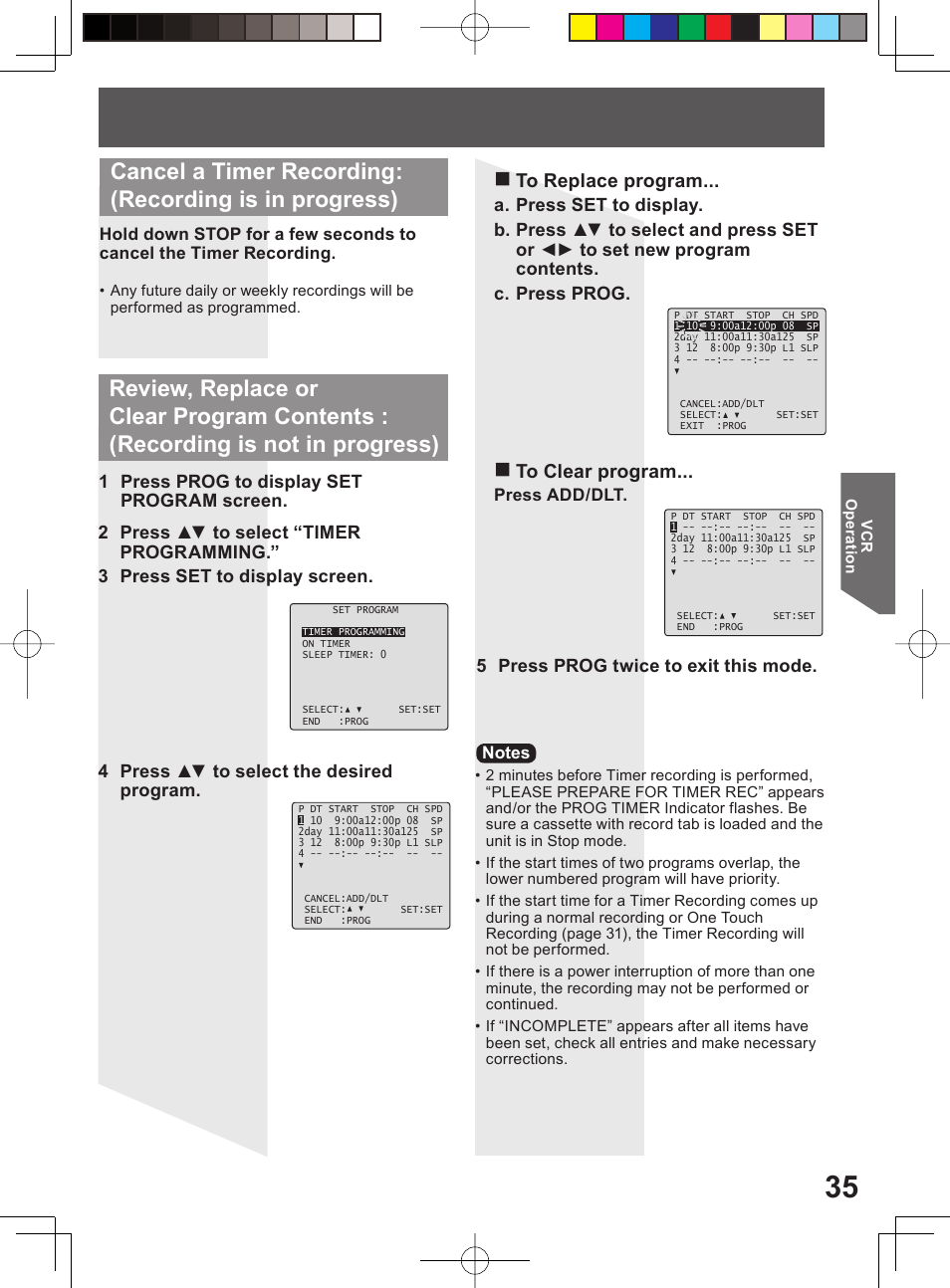 5 press prog twice to exit this mode, Press add/dlt | Panasonic PV-DF204 User Manual | Page 35 / 84