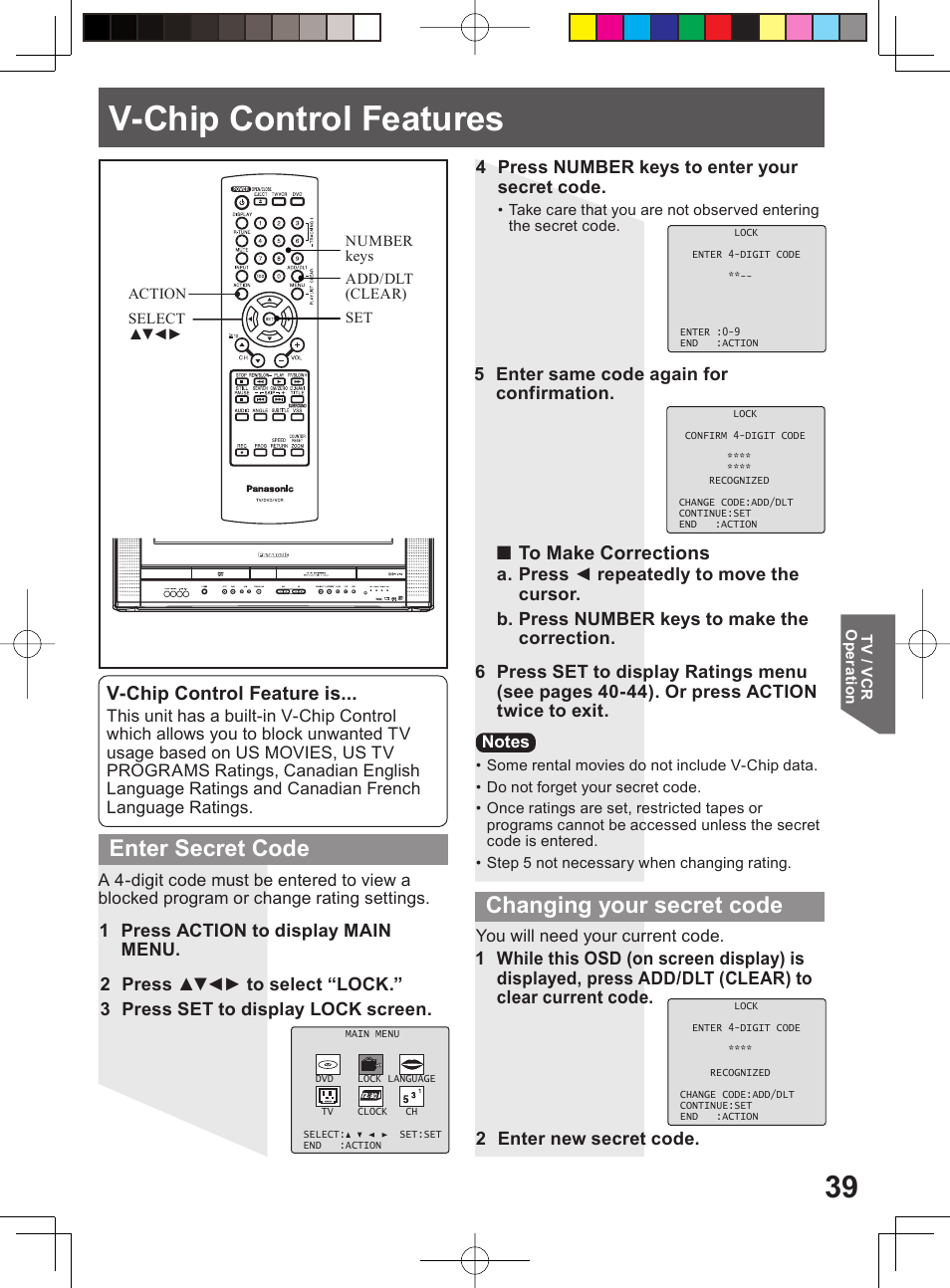 V-chip control features, Enter secret code, Changing your secret code | V-chip control feature is | Panasonic PV-DF204 User Manual | Page 39 / 84