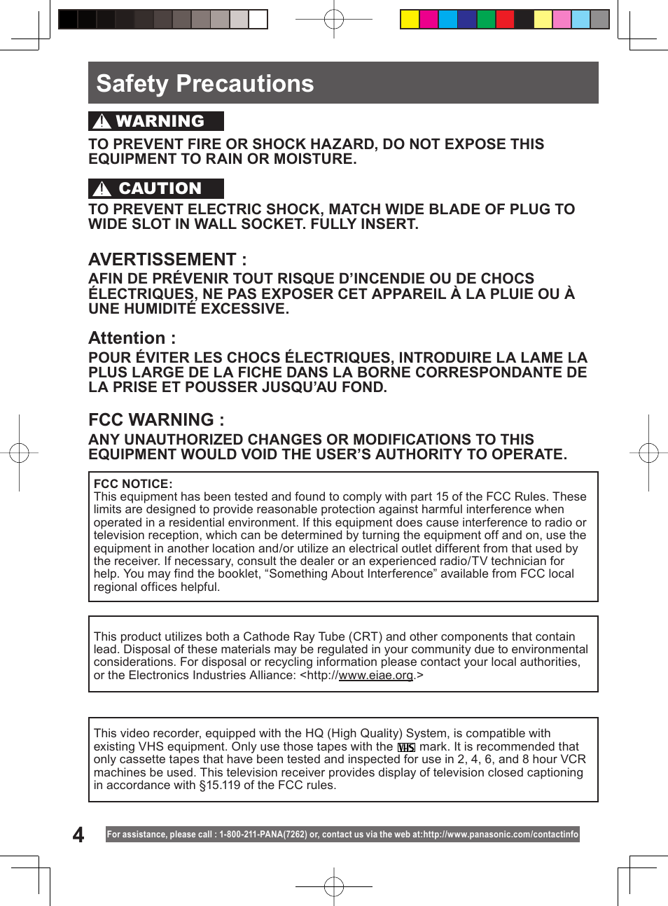 Safety precautions, Fcc warning, Avertissement | Attention | Panasonic PV-DF204 User Manual | Page 4 / 84