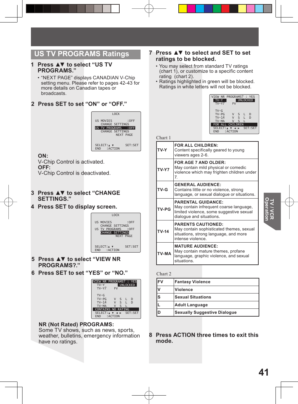 Us tv programs ratings, 1 press ▲▼ to select “us tv programs, 8 press action three times to exit this mode | 2 press set to set “on” or “off | Panasonic PV-DF204 User Manual | Page 41 / 84