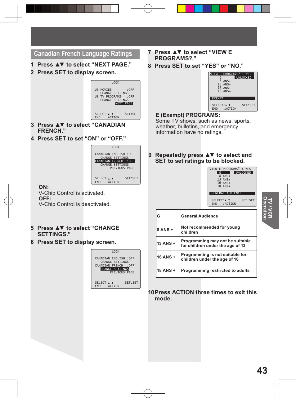 Canadian french language ratings | Panasonic PV-DF204 User Manual | Page 43 / 84