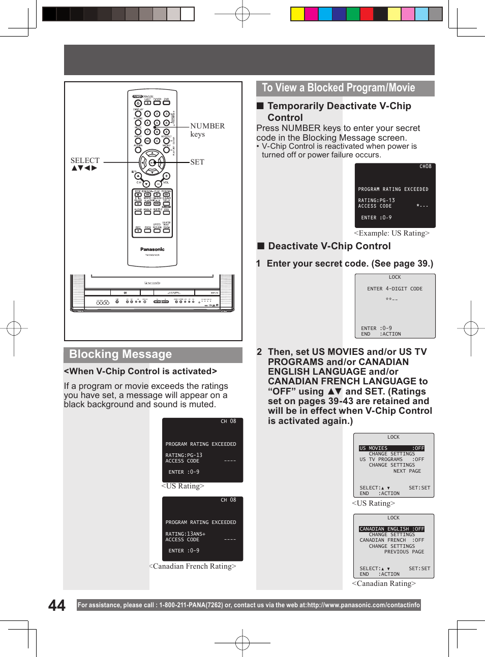 Blocking message to view a blocked program/movie, 1 enter your secret code. (see page 39.) | Panasonic PV-DF204 User Manual | Page 44 / 84