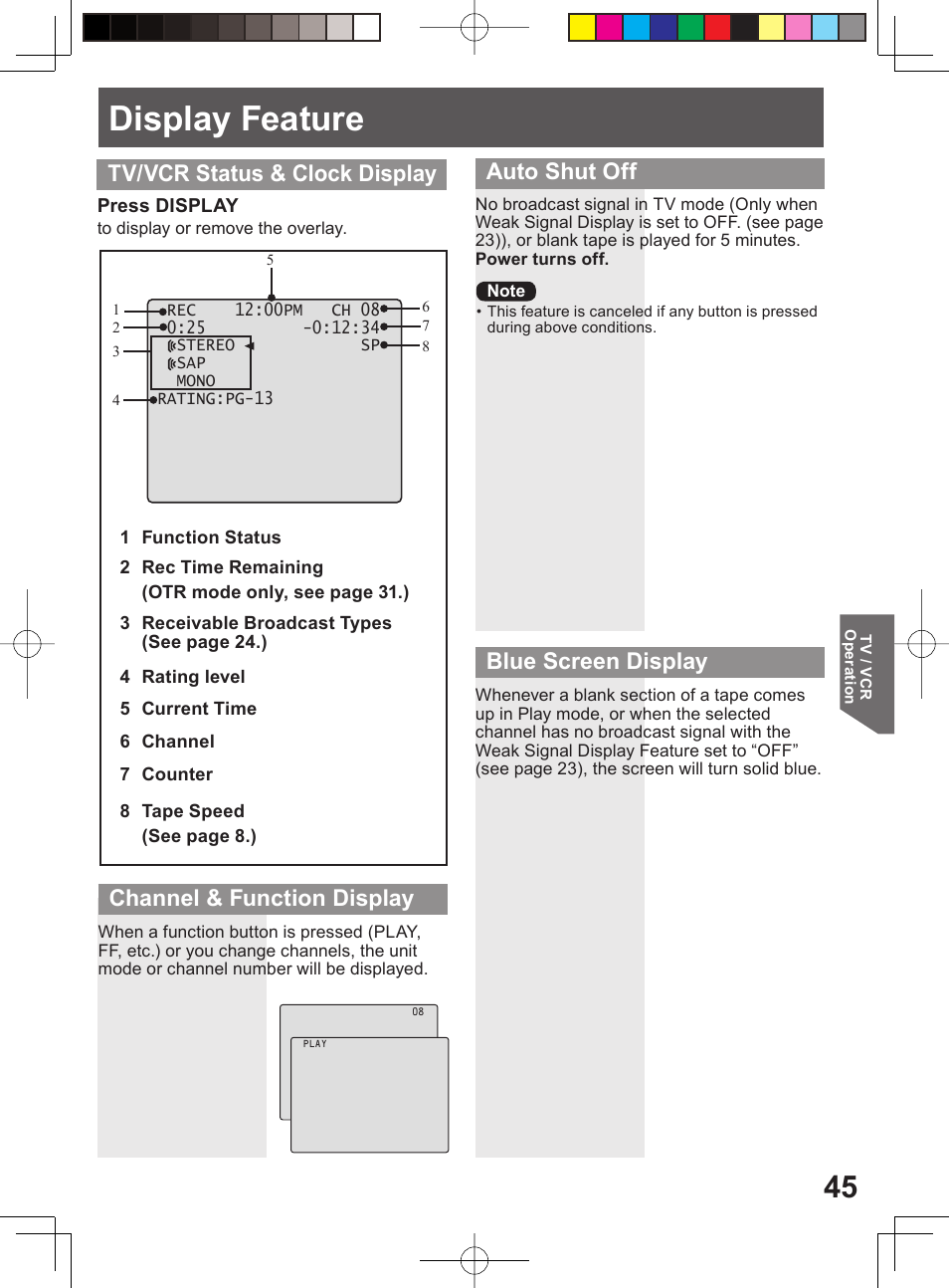 Display feature, Auto shut off | Panasonic PV-DF204 User Manual | Page 45 / 84